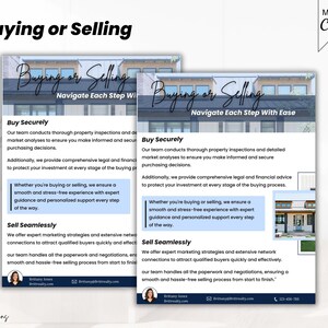Folleto de compra o venta, carta de divulgación sobre prospección inmobiliaria, asistencia para la compra y venta de viviendas, carta de venta de propiedades, Ocean Blue