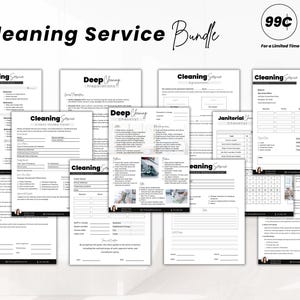 May include: A bundle of printable cleaning service forms, including checklists, agreements, and invoices. The forms are in black and white, with the words "Cleaning Service Bundle" at the top. The price is 99¢ for a limited time.