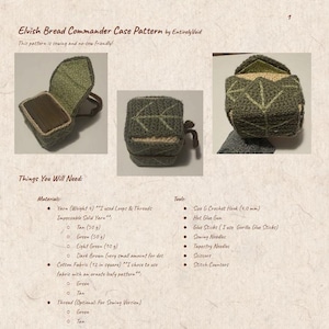 Puede incluir: Se muestra un patrón de crochet para un "Elvish Bread Commander Case", con tres imágenes del producto terminado. El patrón incluye materiales como hilo, tela de algodón e hilo, y herramientas como un ganchillo y una pistola de pegamento. El texto dice que el patrón es apto para coser y no coser.