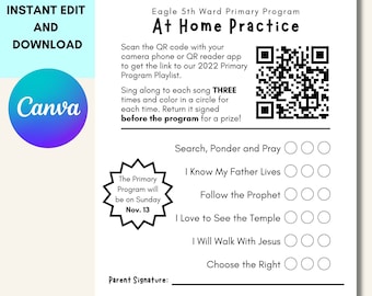 LDS Primary Program, Playlist Practice Log, Practice at Home, Canva Template, Primary Program Practice Sheet, Customize Primary Songs List