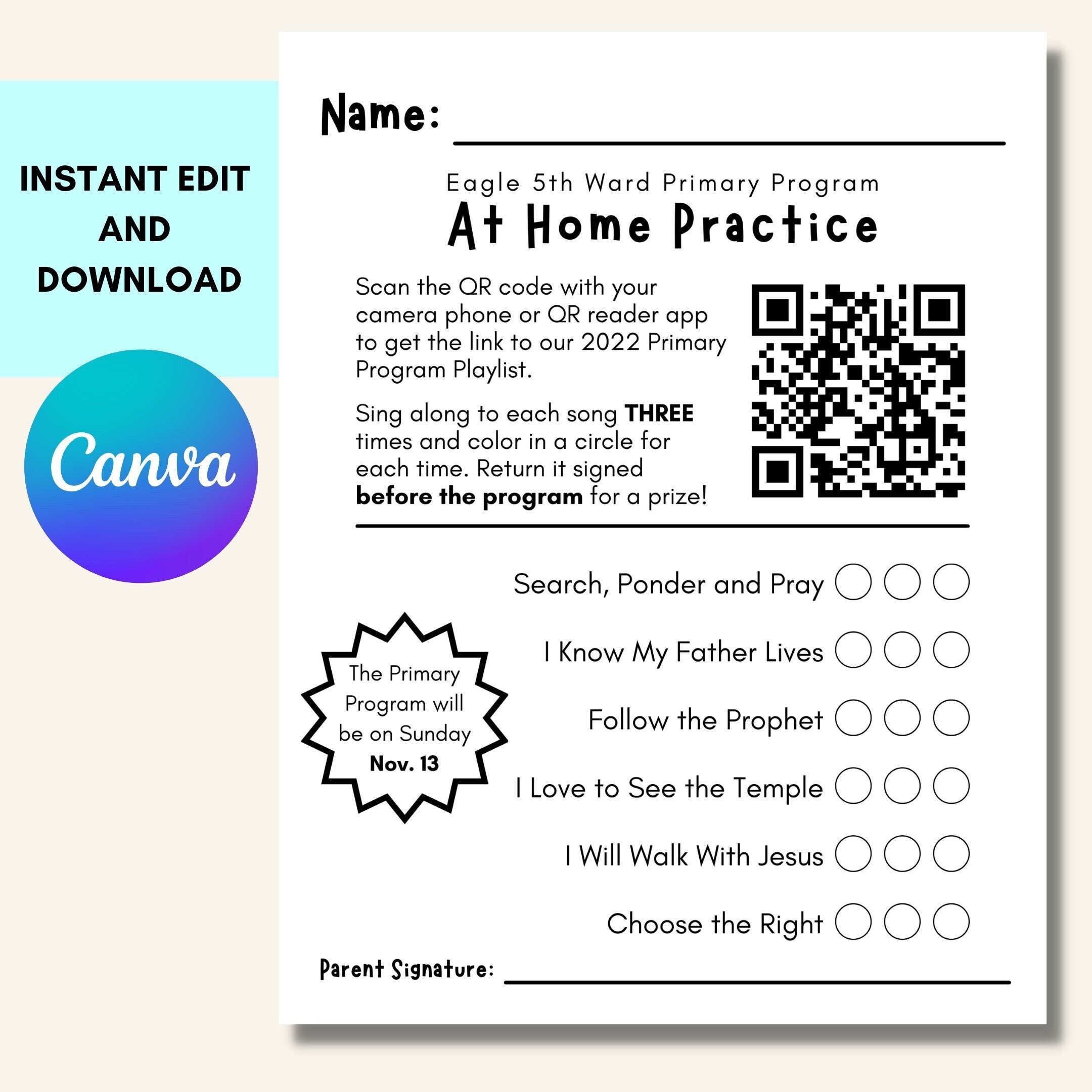 LDS Primary Program, Playlist Practice Log, Practice at Home, Canva