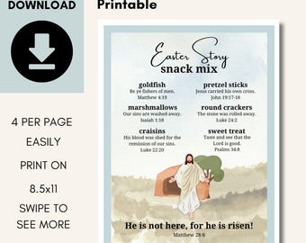May include: Printable Easter Story Snack Mix with a colorful illustration of Jesus walking out of a tomb. The snack mix includes goldfish, marshmallows, craisins, pretzel sticks, round crackers, and sweet treats. The text includes Bible verses for each snack.