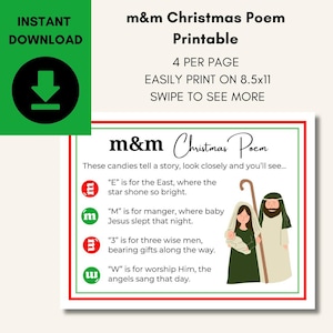 Poema navideño imprimible de m&m, historia de dulces navideños, obsequio de las primarias SUD, ministración, etiquetas para obsequios, religioso, cristiano, regalo de Navidad, Jesús