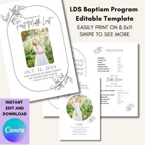Plantilla para programa de bautismo de la Iglesia de Jesucristo de los Santos de los Últimos Días, diseño minimalista, hojas, editable, plantilla de Canva, personalizable