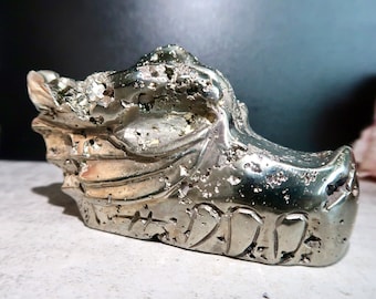 COLLECTOR'S EDITION Large 1.3 lb. Pyrite Druzy Cubes Hand-Carved Dragon Head | Pyrite Dragon Carving | Abundance, Prosperity, Protection |