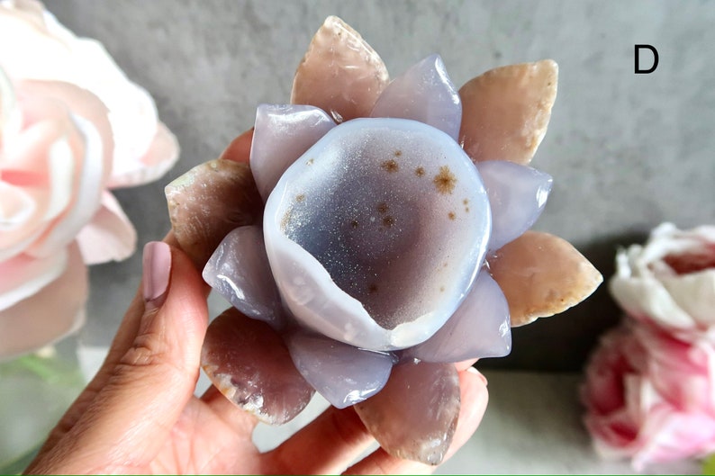 LARGE Sparkly Agate Lotus Flower with Druzy Agate Lotus Flower Agate Geode Flower Carved Lotus Flower Crystal Gemini Birthstone D - 309g (L-4.12")