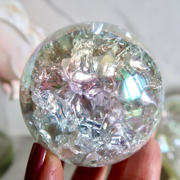 LARGE 2.3" Angel Aura Crackle Sphere | Light Reflecting Glass Crystal Ball | Rainbow Orb |Sun Catcher Sphere | High Prism Glass Crystal Ball