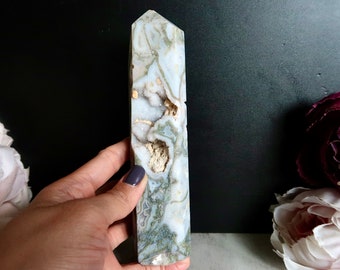 LARGE Sparkly Druzy Baby Blue Moss Agate Tower in Quartz | 6.7" Moss Agate Point Tower | Personal Growth & Grounding | Healing Crystal Gift