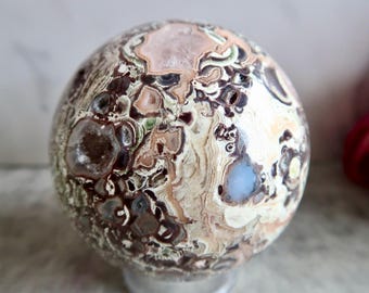 UNIQUE Large 75mm Money Agate Sphere with Druzy Caves Quartz | Abundance Crystal for Wealth, Feng Shui, Root Chakra Healing & Luxe Décor |