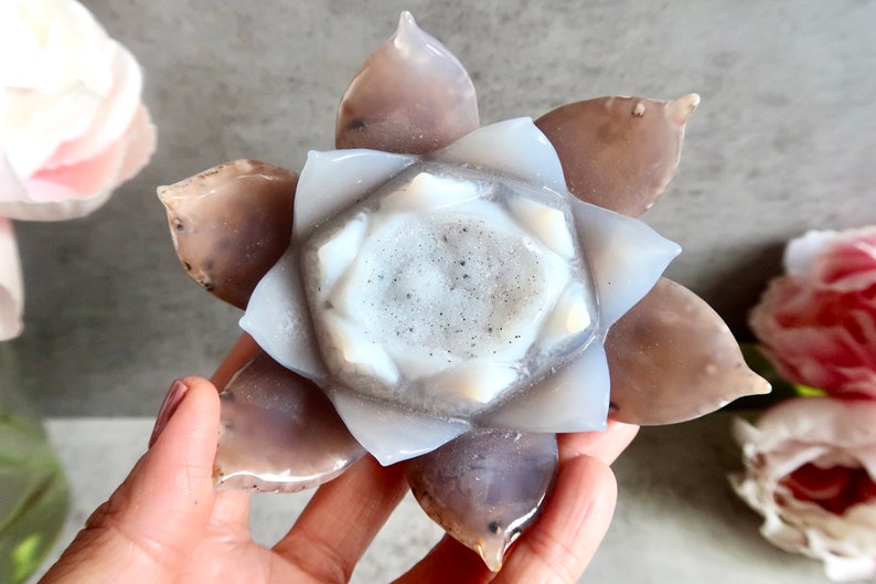 LARGE Sparkly Agate Lotus Flower with Druzy Agate Lotus Flower Agate Geode Flower Carved Lotus Flower Crystal Gemini Birthstone image 1