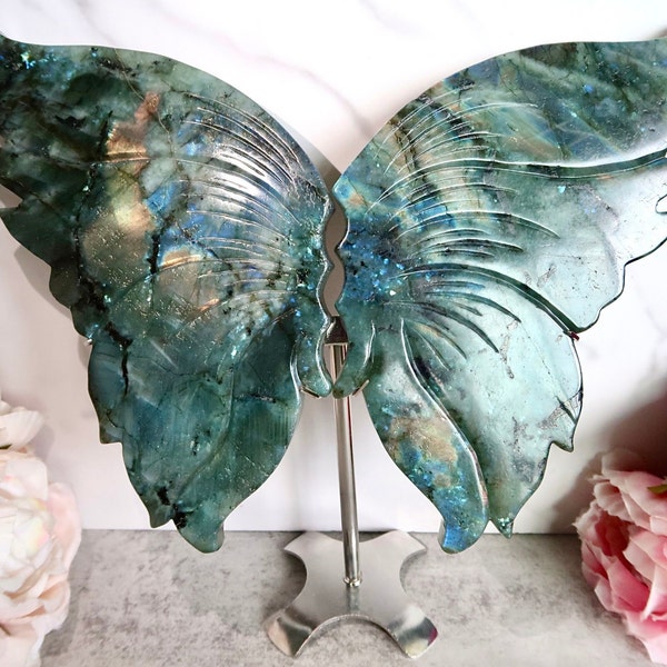 LARGE Flashy Blue Sunset Labradorite Wings On Stand | Labradorite Butterfly Wings | Angel, Fairy Wings | Healing Crystal | Boho Home Decor |