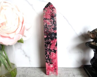 X-LARGE 2.2 lb. Deep Pink Rhodonite Tower with Black Tourmaline | High Quality Rhodonite Tower | Love, Compassion, & Healing | Crystal Gifts