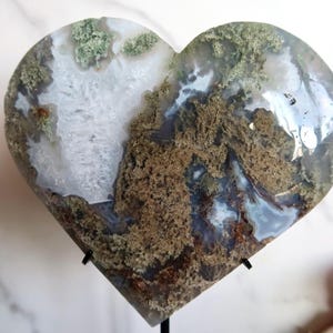 EXQUISITE Large 1.5 lb. Blue Moss Agate Heart in Quartz with Stand | Moss Agate Heart Carving | Crystal Heart | Wellness & New Beginnings |