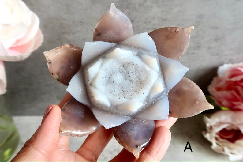 LARGE Sparkly Agate Lotus Flower with Druzy Agate Lotus Flower Agate Geode Flower Carved Lotus Flower Crystal Gemini Birthstone A - 363g (L-4.5")