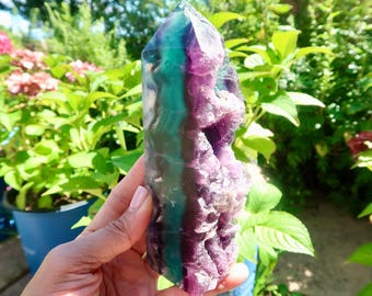 EXQUISITE Large 1.5 lbs. Rainbow Fluorite Tower with Raw Edge | Fluorite | Crystal Point for Clarity, Focus, Healing Energy & Home Decor |