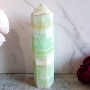 FLASHY X-Large 2.1 lb. Pistachio Green Calcite Tower | Green Calcite Point | Heart Chakra Healing Crystal for Emotional Balance & Home Decor