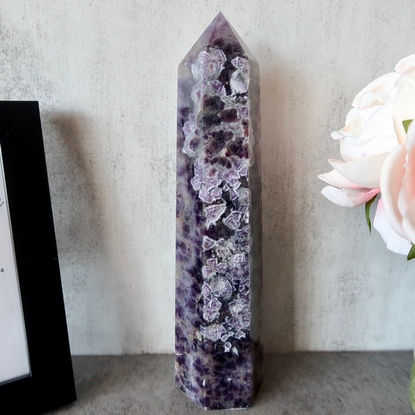 XLarge 2.3lb. Deep Purple Dream Amethyst Tower w/ Mosaic Patterns | 9.5" Chevron Amethyst Point Tower | Healing Crystal | Boho Home Decor |