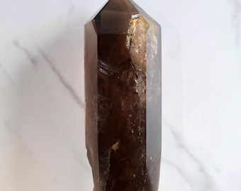 STATEMENT XL 4.1 lbs. Smoky Quartz Root Tower with Golden Healer | Natural Crystal Point | Grounding, Protection & Root Chakra Healing Stone