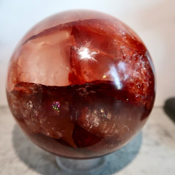 LARGE 73mm Flashy Red Fire Quartz Girasol Sphere with Rainbows | Red Hematoid | Fire Quartz Stone | Red Crystal Ball | Healing & Purifying |