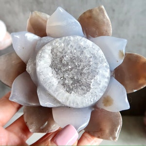 LARGE Sparkly Agate Lotus Flower with Druzy Agate Lotus Flower Agate Geode Flower Carved Lotus Flower Crystal Gemini Birthstone B - 338g (L-4.67")