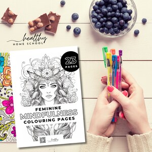 Printable digital mindfulness colouring pages, A4, 23 pages, PDF, adults and kids, girls, feminine