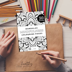 Printable digital mindfulness colouring pages, A4, 20 pages, PDF, adults and kids, mandalas, creative, art