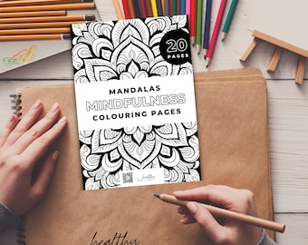 Printable digital mindfulness colouring pages, A4, 20 pages, PDF, adults and kids, mandalas, creative, art