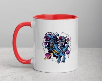 Astronaut Riding T-Rex Kids Mug with Color Inside | Astronaut Kids Mug | T-Rex Dinosaur Kids Mug