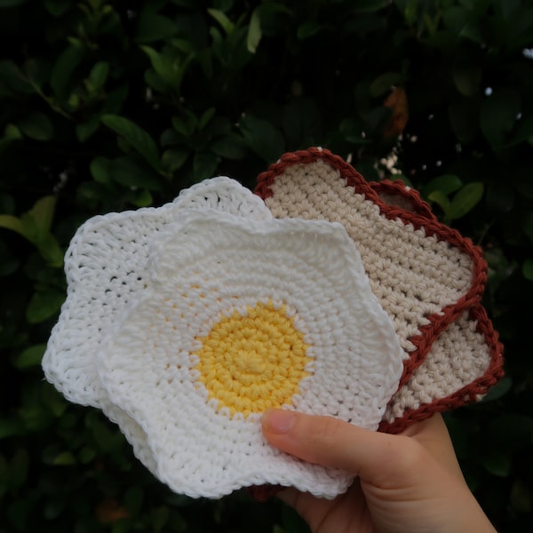 Egg & Toast Crochet Amigurumi Coaster Set of 4, Crochet Egg, Crochet Toast, Gift, Home Decor