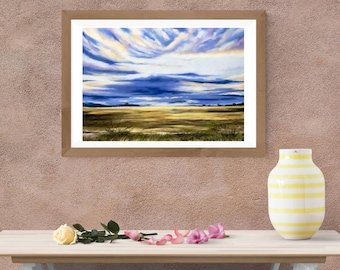 Original Soft Pastel Landscape Painting - Dramatic Sky & Prairie Field, 12.6x16.1 in Unframed Wall Art