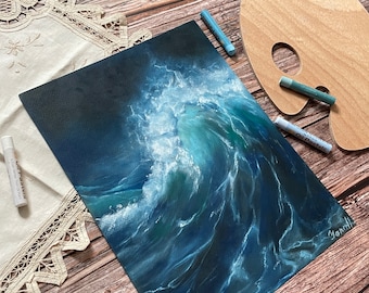 La ola / pintura al óleo pastel / tormenta / pinturas originales