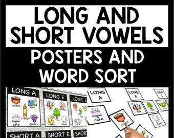 May include: A set of colorful posters and word sort cards for teaching long and short vowel sounds. The posters feature illustrations of words with long and short vowel sounds, such as "cake", "acorn", "bee", "tree", "sheep", "apple", "bat", "hen", "net", and "shell". The word sort cards feature the same illustrations and words, allowing students to sort them by vowel sound.