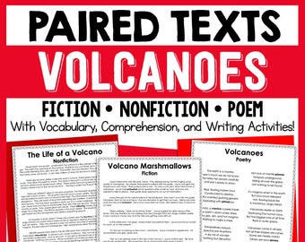 Op de afbeelding: Een kleurrijke educatieve bron voor het lesgeven over vulkanen. De tekst bevat een non-fictie artikel over het leven van een vulkaan, een fictief verhaal over vulkaanmarshmallows en een gedicht over vulkanen.