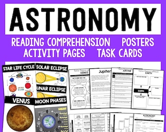 May include: A colorful set of educational posters, activity pages, and task cards for teaching astronomy. The posters feature illustrations of the solar system, planets, and stars. The activity pages include reading comprehension exercises, word searches, and coloring pages. The task cards provide hands-on activities for students to learn about astronomy.
