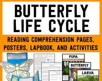 May include: A colorful set of educational resources for teaching children about the butterfly life cycle. The set includes a lapbook, reading comprehension pages, posters, true/false cards, and activities. The image features a butterfly, a caterpillar, a pupa, and a life cycle diagram.