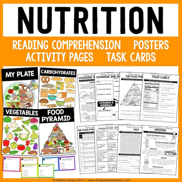 Nutrition and Food Science Unit | Science Reading Passages, Task Cards, and Posters | Homeschool Worksheets Printables