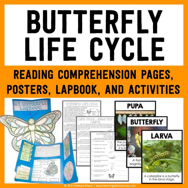 Unité de science du cycle de vie des papillons | Passages de lecture scientifique, livret et affiches | Feuilles de travail pour l'école à la maison imprimables