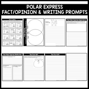 May include: Black and white printable worksheets for a Polar Express themed classroom activity. The worksheets include writing prompts, fact or opinion questions, and a Venn diagram to compare and contrast the book and movie.