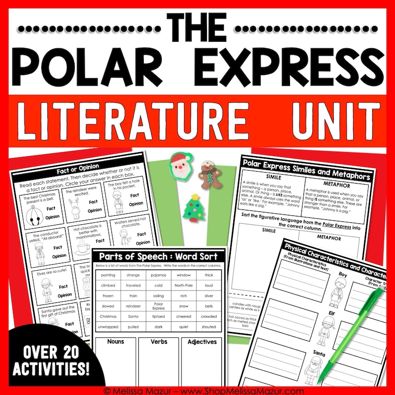May include: A colorful printable educational resource for teaching about the book "The Polar Express". The resource includes activities for sorting words by parts of speech, identifying similes and metaphors, and analyzing physical characteristics of characters.