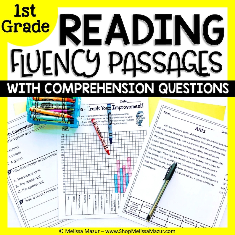 May include: A set of printable reading fluency passages for first grade students. The passages include comprehension questions and a graph for tracking reading progress. The passages are about ants and their colonies.
