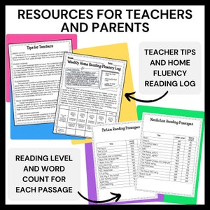 May include: A colorful printable resource for teachers and parents with the title "Resources for Teachers and Parents". The resource includes a weekly home reading fluency log, teacher tips, and reading passages with reading levels and word counts. The resource is designed to help students improve their reading fluency.