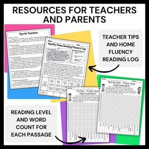 May include: A set of printable resources for teachers and parents to help with home reading fluency. The resources include a weekly home reading fluency log, a fiction and nonfiction reading fluency tracker, and tips for teachers. The resources are in a colorful design with green, yellow, and pink backgrounds.