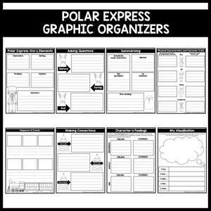 May include: Black and white printable graphic organizers for the book "The Polar Express". The organizers include sections for story elements, asking questions, summarizing, character traits, sequence of events, making connections, character's feelings, and visualization.