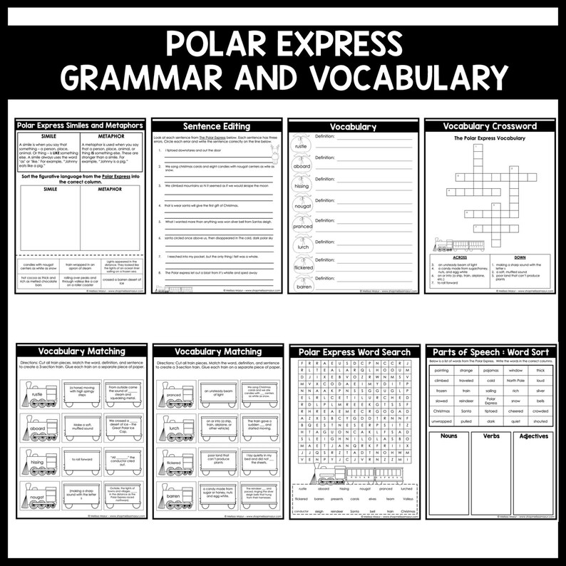 May include: Black and white printable worksheets for kids featuring the Polar Express train. The worksheets include activities like vocabulary matching, sentence editing, word searches, and a crossword puzzle.