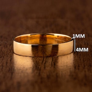 14k Solid Yellow Gold Domed Wedding Band | 4mm Width Gold Ring | Classic Dome Comfort Fit Wedding Band | Men and Women&#39;s Engraved Ring