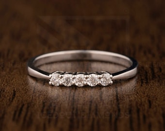 14K Solid Real White Gold Low-Profile 5 Stone Simulated Diamond Ring, Five Stone Diamond Band 5 Year Anniversary Gift For Her, Ring For Wife