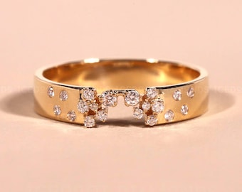 Handmade Cluster Ring 14K Yellow Gold Scattered Lab Grown Diamond Engagement Ring Multi Diamond Ring Women Wide Gold Ring Anniversary Gift