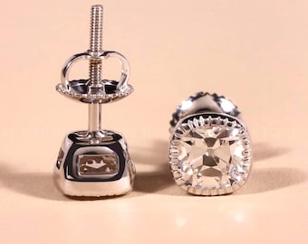 2.00 TCW Cushion Old Mine Cut Lab Grown Bezel set Diamond Earrings, Milgrain Bezel, Stud Earrings, Screw Back Earrings, Vintage Earrings