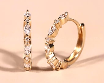 Minimalist Earrings, Marquise & Round Moissanite 10mm Huggie Hoops, Solid 14K Gold Dainty Lab Grown Diamond Earring for Women