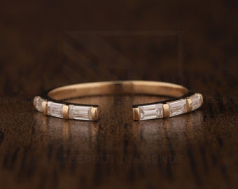 Open Baguette Moissanite wedding band, 14K Yellow Gold Customize Open Gap matching bands, antique stacking anniversary promise bridal band.
